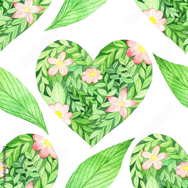 Fototapeta Seamless watercolor pattern on a white background. Floral arrangement of leaves and flowers in the shape of a heart. Delicate shades of green and pink. Packing for flowers for valentine's day. Symbol 