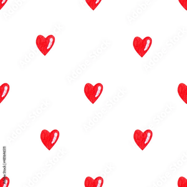 Fototapeta Seamless watercolor pattern on a white background. Bright red hearts with white highlights. Classic print for valentine's day