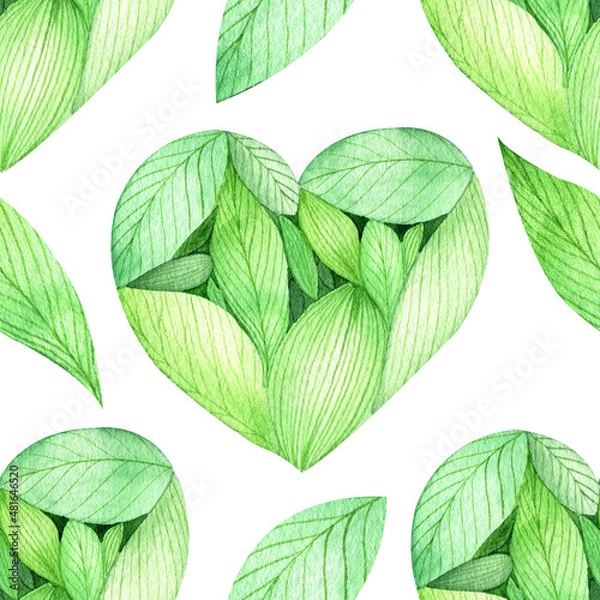 Fototapeta Seamless watercolor pattern on a white background. Green leaves in the shape of a heart and individual leaves. Valentine's Day Flower Packaging