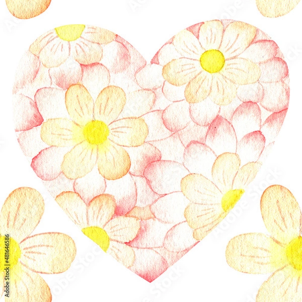 Fototapeta Seamless watercolor pattern on a white background. Flowers with petals in the form of a gradient. Change from yellow to red