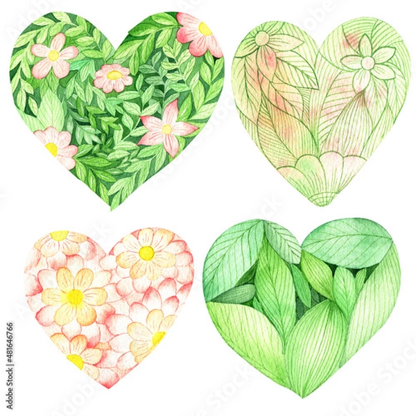Fototapeta Set of watercolor elements. Floral pattern in the shape of a heart. Valentine's Day. Symbol of love
