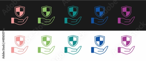 Fototapeta Set Shield in hand icon isolated on black and white background. Insurance concept. Guard sign. Security, safety, protection, privacy concept. Vector