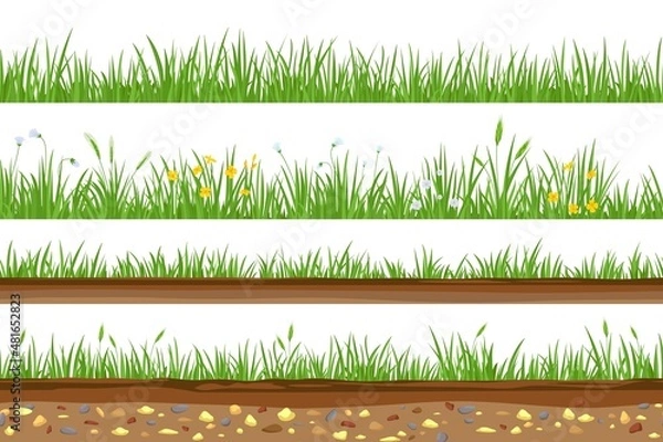 Obraz Grass with underground soil layer and rocks seamless borders. Meadow field with flowers and ears. Ground dirt, land cross section vector set