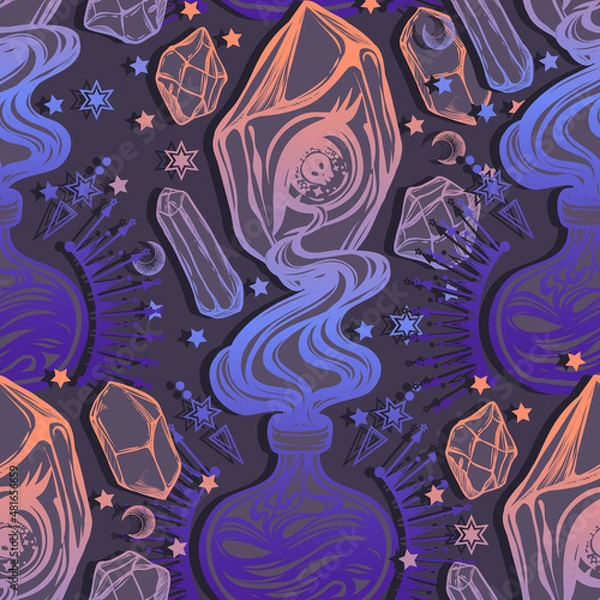Fototapeta Vector illustration, magic eye in the crystal, Alchemy, spirituality and occultism, print, dark background, seamless pattern, Handmade