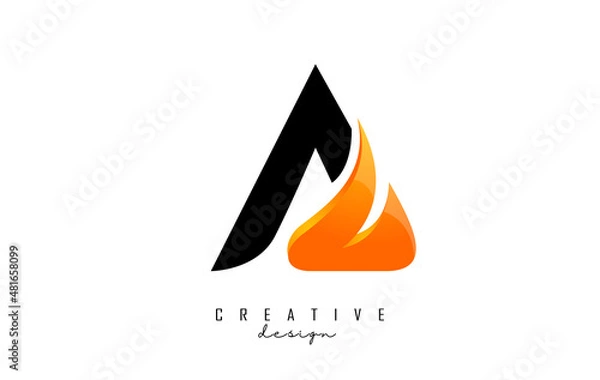 Fototapeta Vector illustration of abstract letter A with fire flames and Orange Swoosh design. Letter A logo with creative cut and shape.