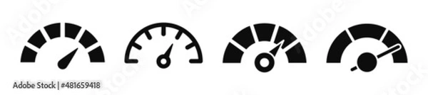 Obraz Speedometer icon set. Speedometer indicators with arrows. Dashboard, gauge, counter and tachometer. Scale from minimum to maximum. Speed signs. Vector illustration.