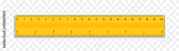 Obraz Ruler with inches and cm scale. School measuring ruler 20 centimeters. Plastic yellow ruler with double side measurement. Measuring tool, stationery, school supplies. Vector illustration.