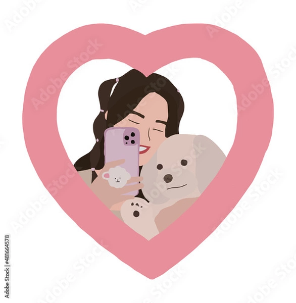 Fototapeta Happy korean girl taking a selfie photo with one hand holding cell phone and in the other hand holding her dog. Animal Lover Concept.