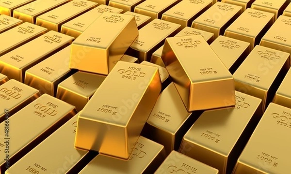 Fototapeta Gold ingots close up. Gold bars, the weight of a gold bar is 1000 grams. Wealth and reserve concept. Business and finance success concept. 3d rendering