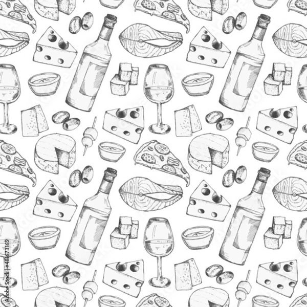 Obraz Wine and food seamless vector pattern. Restaurant and cafe menu design.