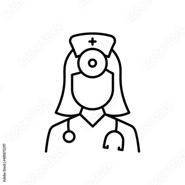 Fototapeta Otolaryngologist Doctor Line Icon. Otolaryngology Medic Staff with Stethoscope, Mirror Linear Pictogram. Ear, Nose, Throat Doctor Outline Icon. Editable Stroke. Isolated Vector Illustration
