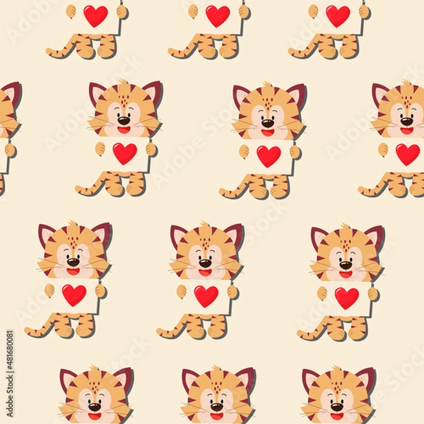 Fototapeta A tiger cub with a postcard and a heart. Vector pattern in a flat style.