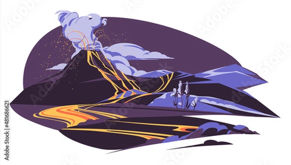 Fototapeta Volcanic eruption of orange lava flows down the slope. disaster. Large cloud over the crater. Flat vector illustration.