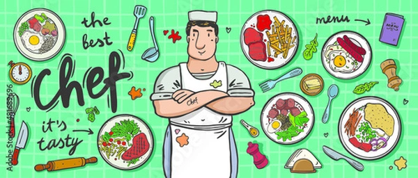 Fototapeta Cheerful chef. Different elements of professional kitchen and restaurant. Food in a bowl. great set for breakfast, lunch and dinner. Hand drawn.