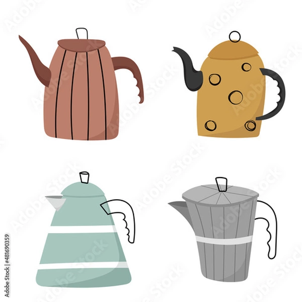 Fototapeta Set of Cartoon hand drawn kettle. Teapots with spout kitchenware, household utensils vector collection. Flat style illustration, all elements isolated on white background.