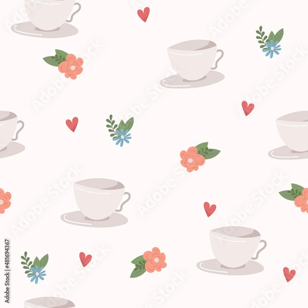 Fototapeta Cute gentle seamless pattern with tea cups, flowers and hearts. Tenderness vector background for fabric, wallpaper, design, apparel, wrapping paper, scrapbooking and much more.