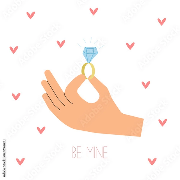 Fototapeta Vector valentine day greeting card in cartoon flat style. Male hand holding engagement ring, little simple hearts on white background. Isolated elements.