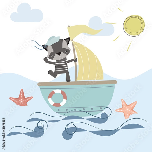 Fototapeta Postcard with cute happy sailor raccoon, floats on the boat. Hand drawn illustration. Cartoon flat style. Vector isolated on white background.