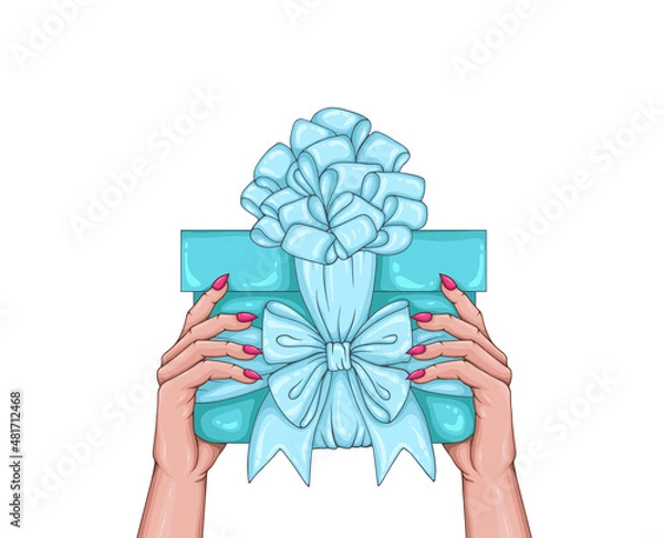 Fototapeta Vector drawing congratulations elegant woman hand. Woman Fashion model fingers with manicure nails holding turquoise boxes decorated with mint ribbons and bows. Design print Festive greeting present 