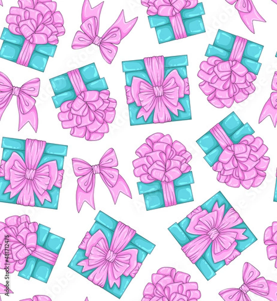 Fototapeta Vector seamless pattern cute turquoise gift boxes decorated pink ribbons and bows. Colorful festive background with present boxes. Design print wrapping paper, wallpapers, Valentine Holiday presents