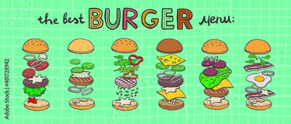 Fototapeta Burger ingredient. Hamburger and cheeseburger ingredient big vector set. Sliced veggies, bun, cutlet, fried egg, lettuce, bacon, cheese, sauce illustration. Fastfood cooking and burger preparation