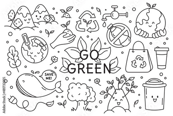 Obraz Doodles save nature, the environment and zero waste. Recycling, go green. Whale,planet,eco bag,plants and leaves,water and bottle. Isolated on a white background.