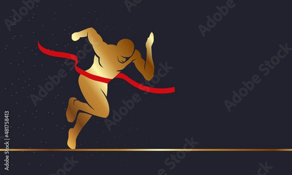 Obraz Gold Sprinter and finish tape. Golden vector winner silhouette of a running man and he finishes the race.
