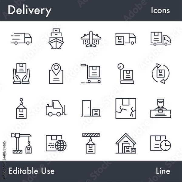 Fototapeta Simple Delivery and Logistic vector line icon set. Contains linear outline icons like Shipping, Parcel, Package, Airplane, Location, Truck, Freight, Courier, Sea Air. Editable use and stroke for Web.