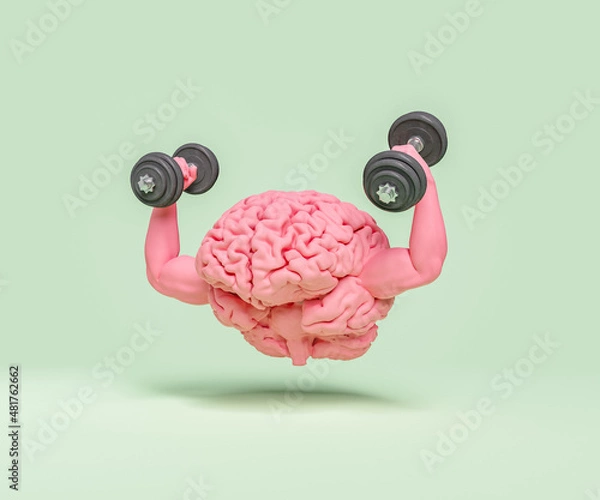 Fototapeta brain with muscular arms and dumbbells in hands