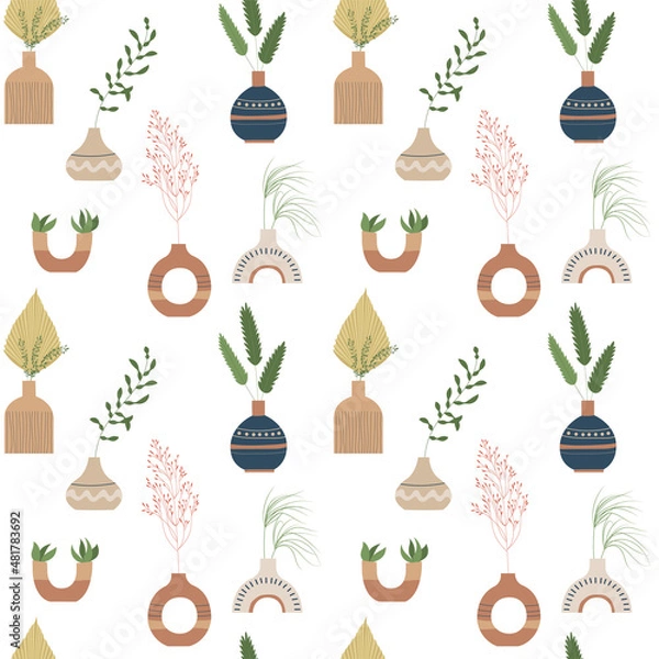 Fototapeta Trendy abstract seamless pattern with plants, vase terracotta color. Ceramic vases, jugs and jars with tropical leaves in modern scandinavian style. Floral pottery boho style vector illustration.
