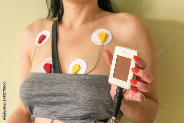 Fototapeta A woman with a Holter monitoring device.