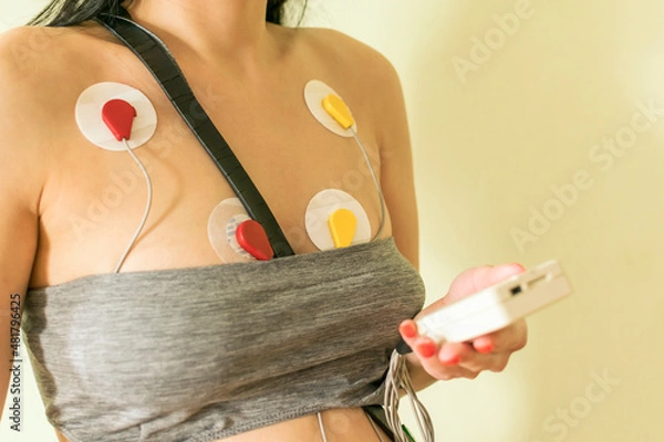 Fototapeta Holter monitor sensors on a woman's chest.