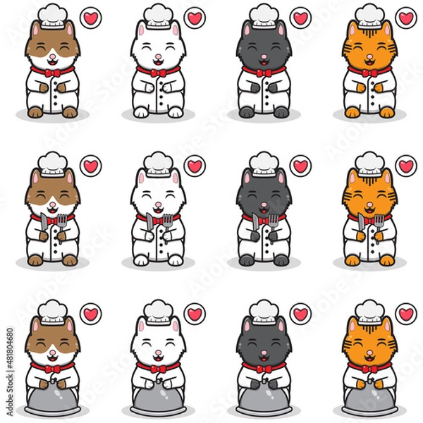 Obraz Vector illustration of Smile Cats with Chef costume. Maneki neko. Lucky cat character vector design. Cartoon character design set.