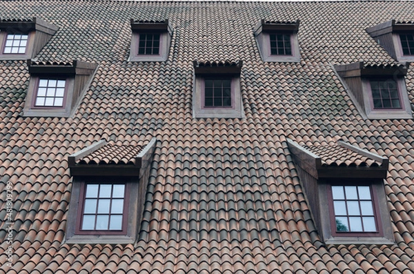 Fototapeta POLAND, GDANSK: Scenic cityscape view of city old center with traditional architecture and cathedral