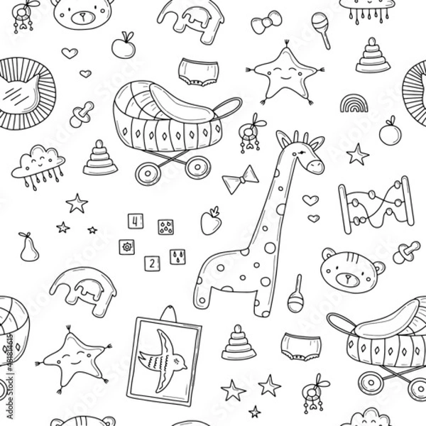 Fototapeta A pattern of cute baby in a doodle style. Cartoon kids clipart, kids room decor, wallpaper. vector illustration.