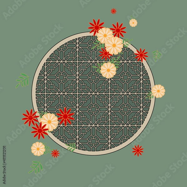 Fototapeta Chinese traditional window in flowers. Hand-drawing of a Chinese window with traditional elements on the green background. Vector. Illustration for a card, poster, banner, label, print.