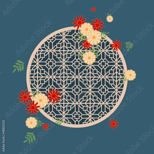 Fototapeta Chinese traditional window in flowers. Hand-drawing of a Chinese window with traditional elements on the blue background. Vector. Illustration for a card, poster, banner, label, print.