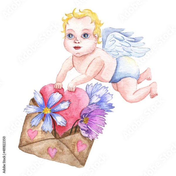 Fototapeta Watercolor angel Valentine sends heart