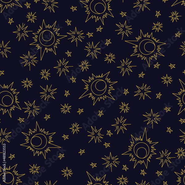 Obraz Mystical seamless pattern with the image of the sun and stars on a dark background. A magical sky with stars and the sun.