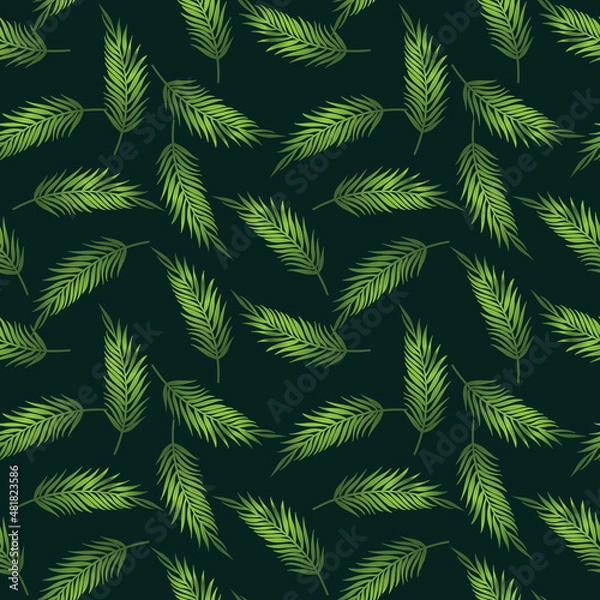 Obraz Seamless pattern with the image of palm leaves on a dark green background. Decor with a tropical print depicting an exotic plant.