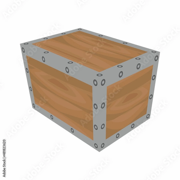 Obraz A wooden box or chest with a metal frame isolated on a white background. A game icon in the form of a box. Props for the game.