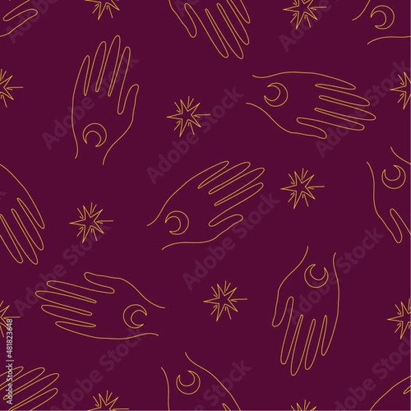 Obraz Mystical image of hands, moon and stars. The mystery and riddle of divination on a seamless pattern. A ritual painting.