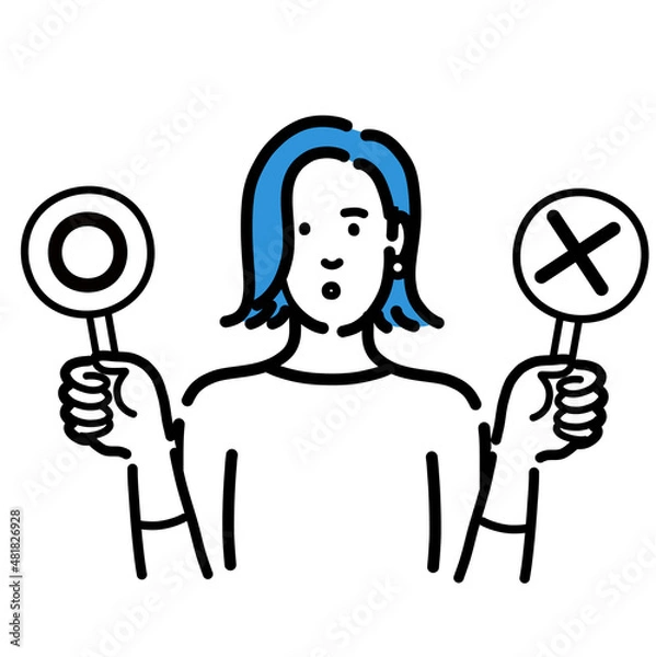 Fototapeta マルバツの札を持って考えている若い女性
