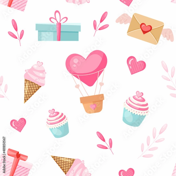 Fototapeta Seamless vector pattern of cute elements. Hot air balloon, ice cream, cupcake, letter, gift, hearts. Colored pattern on a white background. Background for valentine's day.