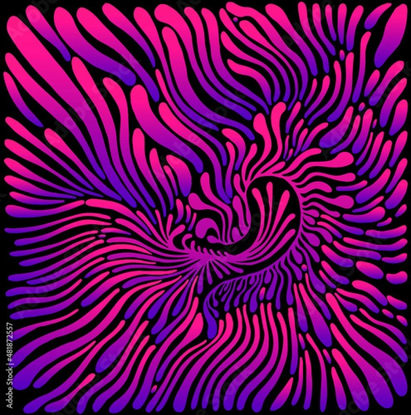 Fototapeta Vibrant abstract lines, spots, isolated on black background. Doodle style. Psychedelic decorative colorful ornament pink violet blue gradient color. 3D effect. Stylish card.