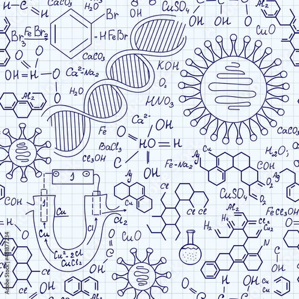Fototapeta Scientific chemistry vector seamless pattern handwritten on grid paper with plots, formulas, dna strands and viruses