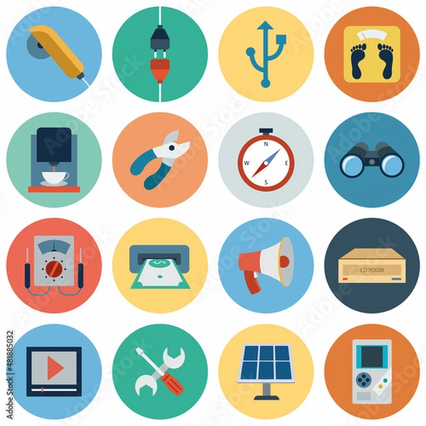 Obraz Electronics flat icons. usb and computer, camera and battery loudspeaker and speaker, vector illustration for web 
or mobile application, technology icons