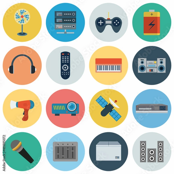 Fototapeta Electronics flat icons. usb and computer, camera and battery loudspeaker and speaker, vector illustration for web and mobile application