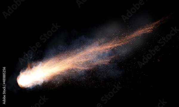 Obraz texture of a falling comet with sparks, smoke and a trail of particles, isolated on a black background