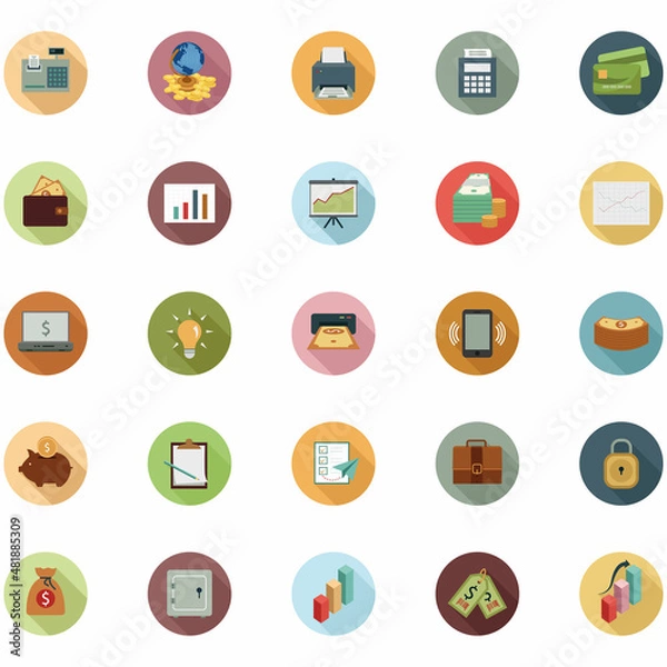Fototapeta Modern flat icon vector illustration design with long shadow style elements of financial services, business management symbol, banking and money objects. Isolated on white background.